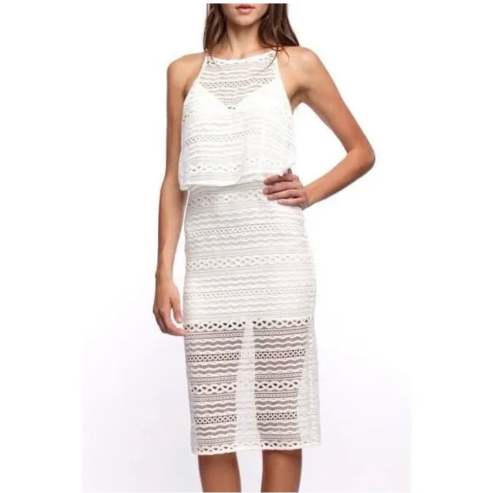 Line + Dot White Halter Neck Lace Midi Dress